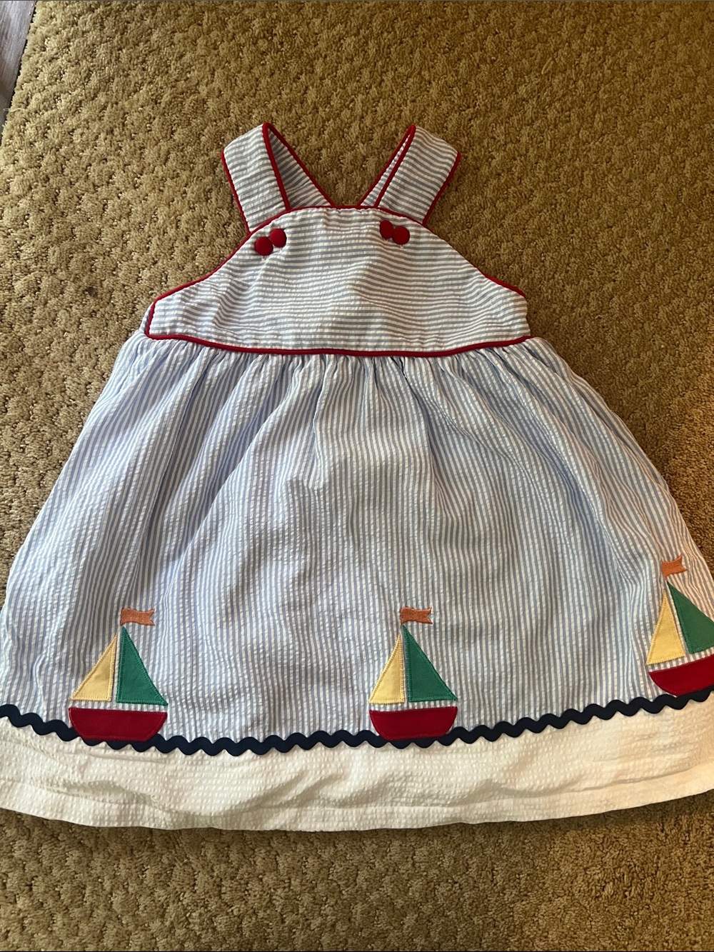 Banana Split Girls' Blue Striped Sailboat Sundress with Red Trim